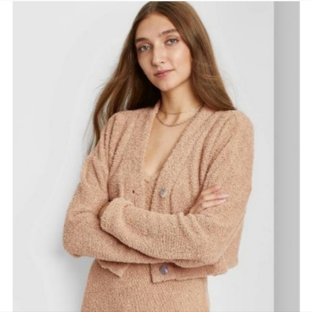 Wild Fable Cozy Fuzzy Cropped Cardigan Sweater Camel Tan Neutral Everyday Fall